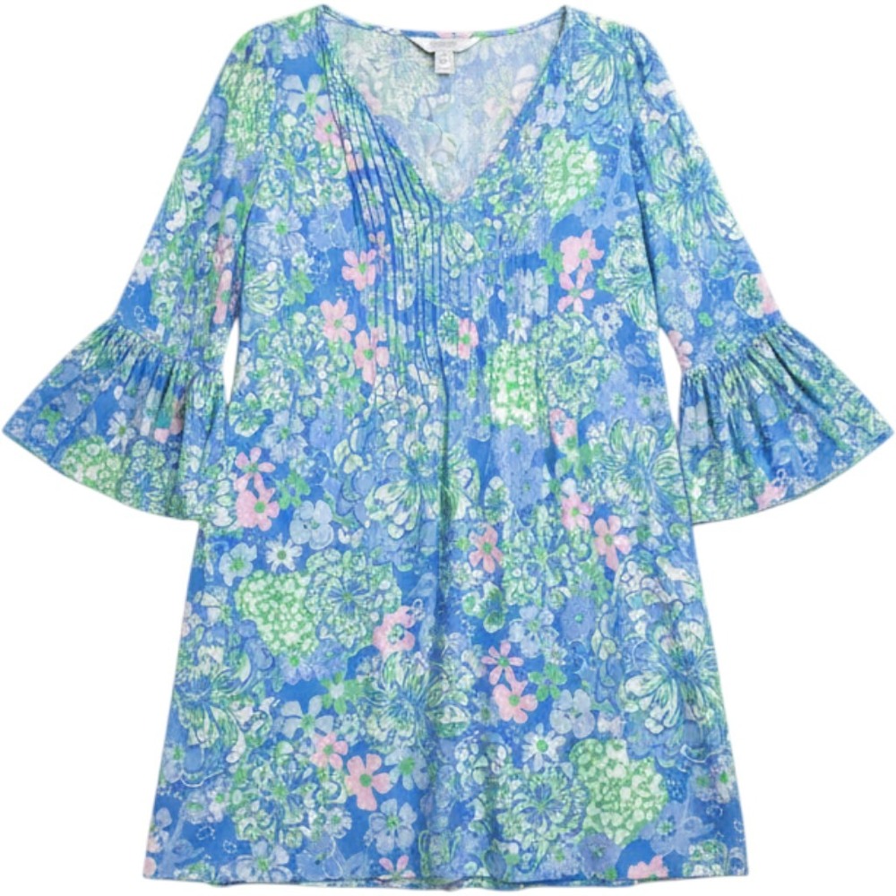 Lilly Pulitzer Jannie Dress Shift 10 Blue Floral Bell Sleeve Pleated Preppy Boho